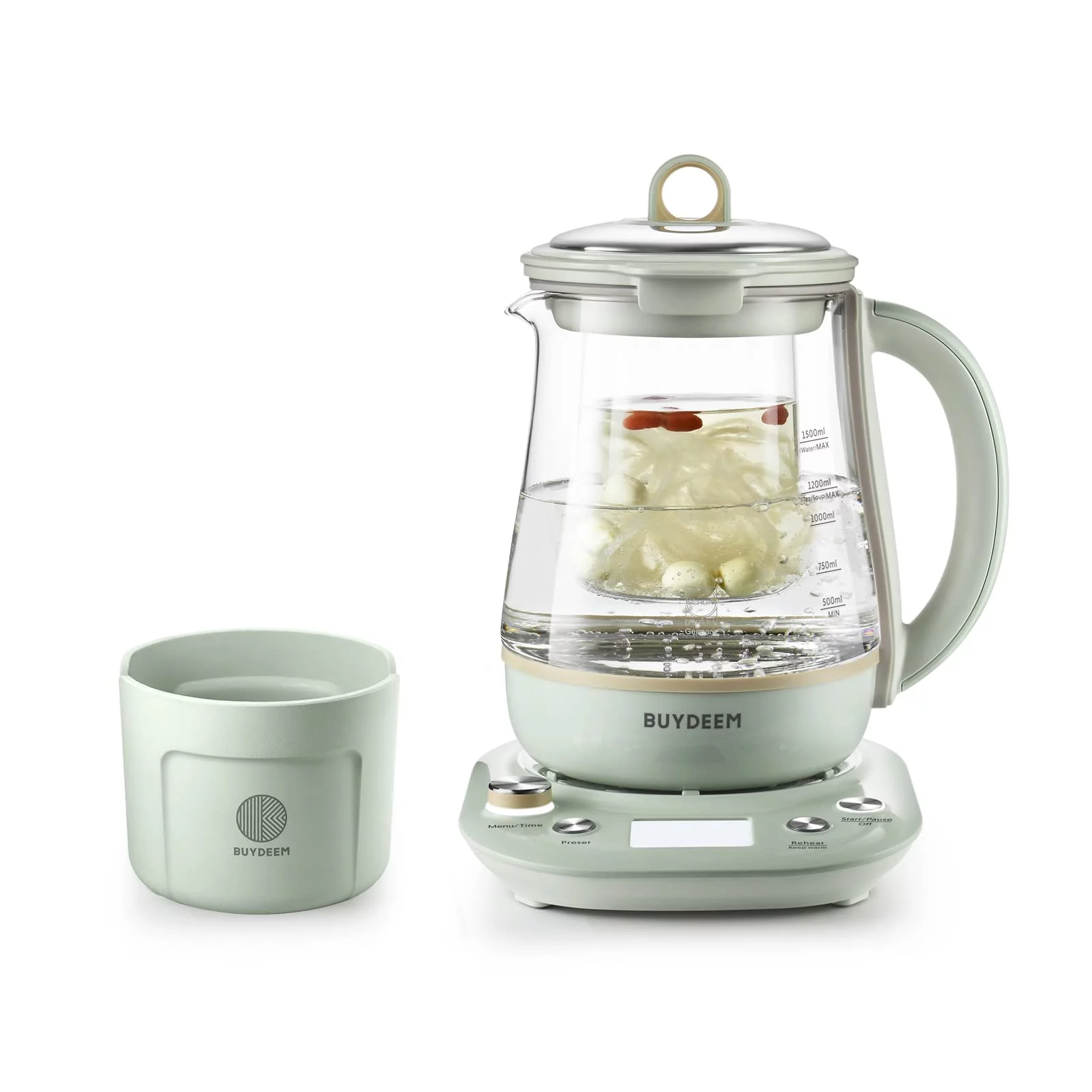 BUYDEEM Health Pot K2763 Lite, Glass Electric Kettle for Tea & Coffee, Water Boiler with Stew Pot, Temperature Control, Green, 1.5L