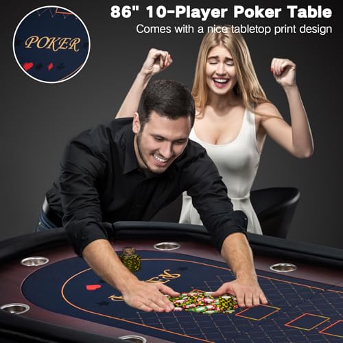LED Poker Table, 10 Player Foldable Texas Holdem Table w/Inlaid LED Light, 2 USB & 2 Type-c Ports