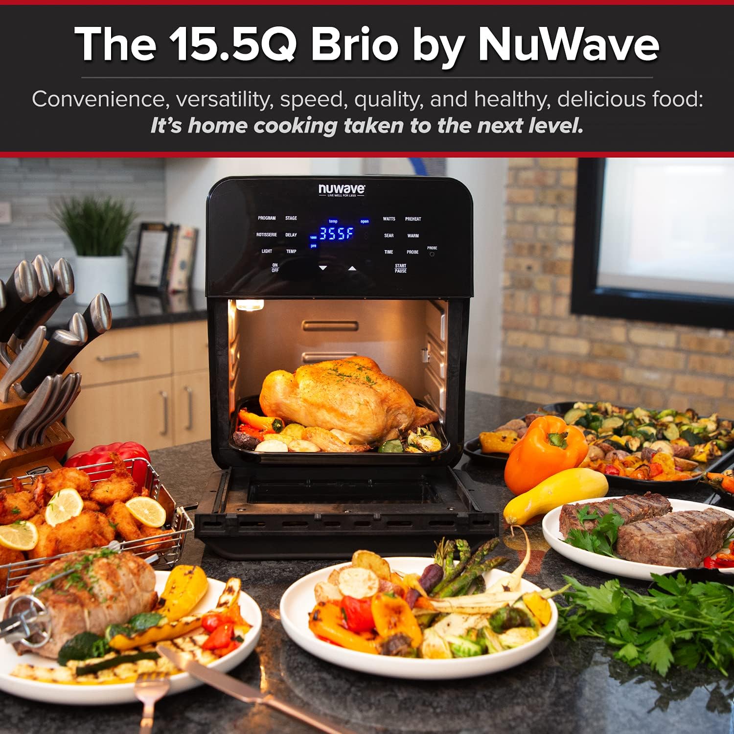 NUWAVE Brio Air Fryer Smart Oven, 15.5-Qt X-Large Family Size, Countertop Convection Rotisserie Grill Combo, 4 Rack Positions