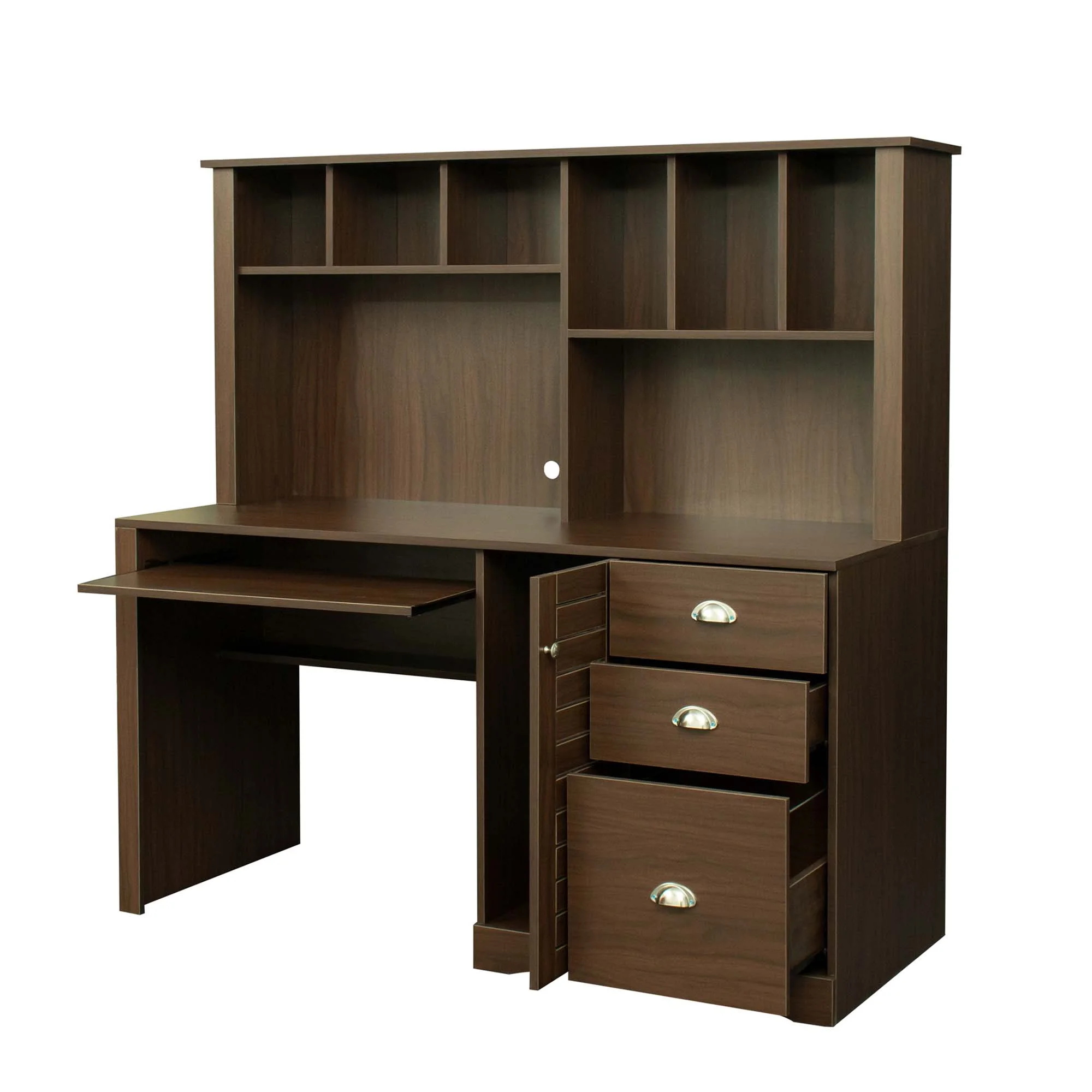 Momspeace Home Office Computer Desk with Hutch, 3 Drawers, Study Table, Keyboard Tray, Walnut