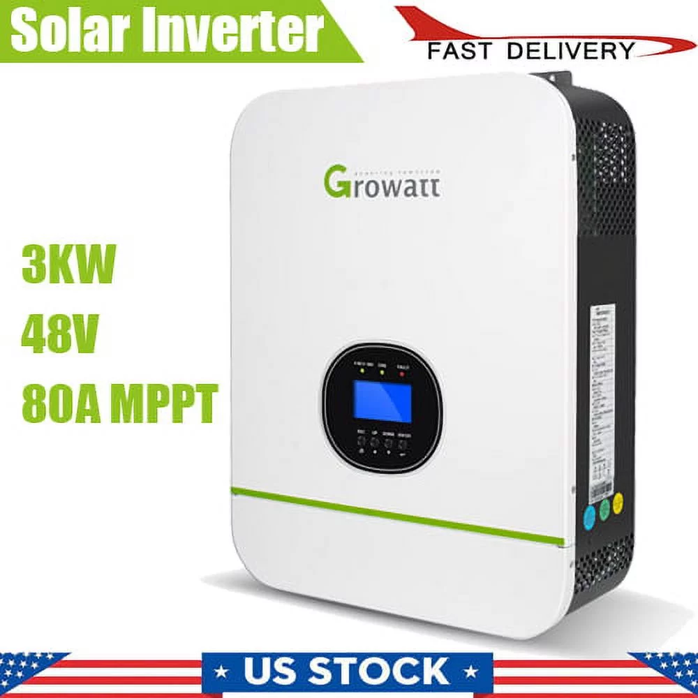 3000W Growatt Solar Inverter Split Phase DC 48V 120VAC Pure Sine Wave Built in MPPT 80A Solar Battery Charger Controller
