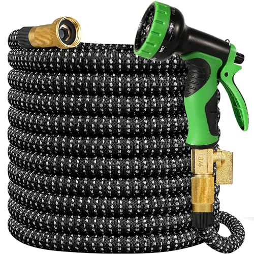 Expandable Garden Hose 100 ft, Upgraded Flexible Water Hose 100ft with 10 Function Spray Nozzle, 3/4" Leakpoof Solid Brass Fittings