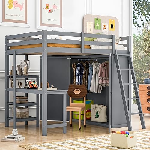 Harper & Bright Designs Full Size Loft Bed with Wardrobe and Desk, Solid Wood Loft Bed Frame with Storage, for Kids Teens Adults (Full Size, White)