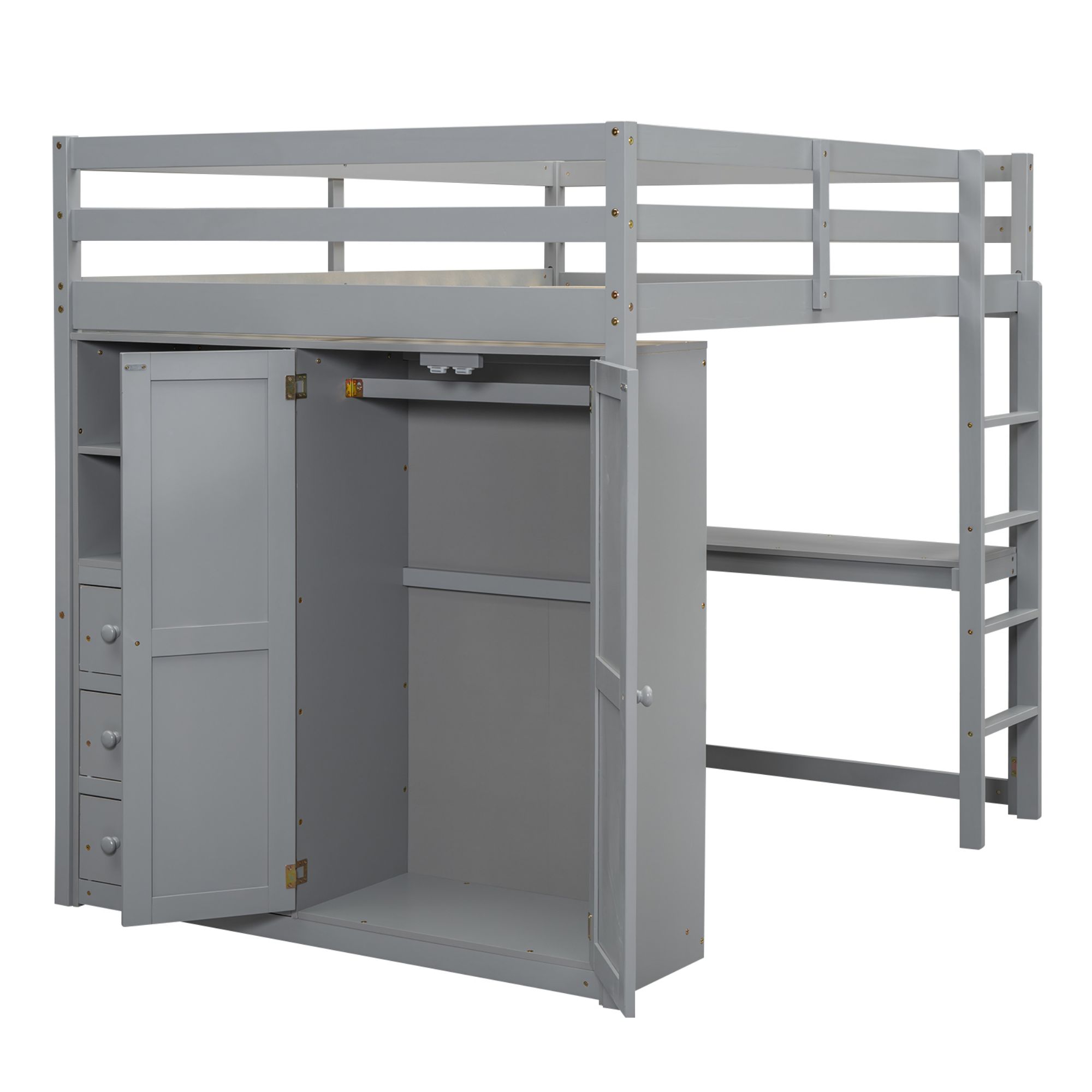 Full Size Loft Bed with Built-in Wardrobe, Desk, Storage Shelves and Drawers, Wooden Loft Beds Frame with Large Space