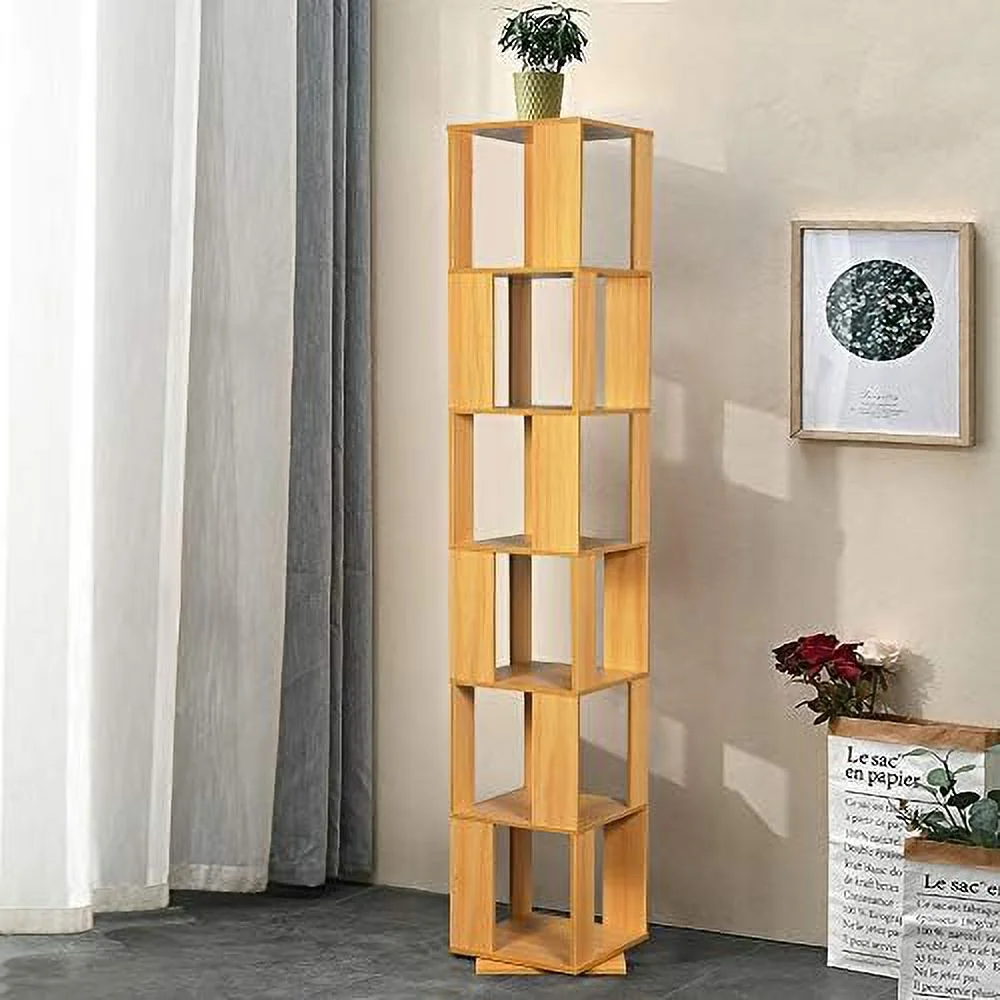 QIHANG- 6 Tier Wooden Bookcase Corner Tall Book  Modern ° Rotating  Display Rack Floor Standing Shelves with Open Design Shelving Unit for Home