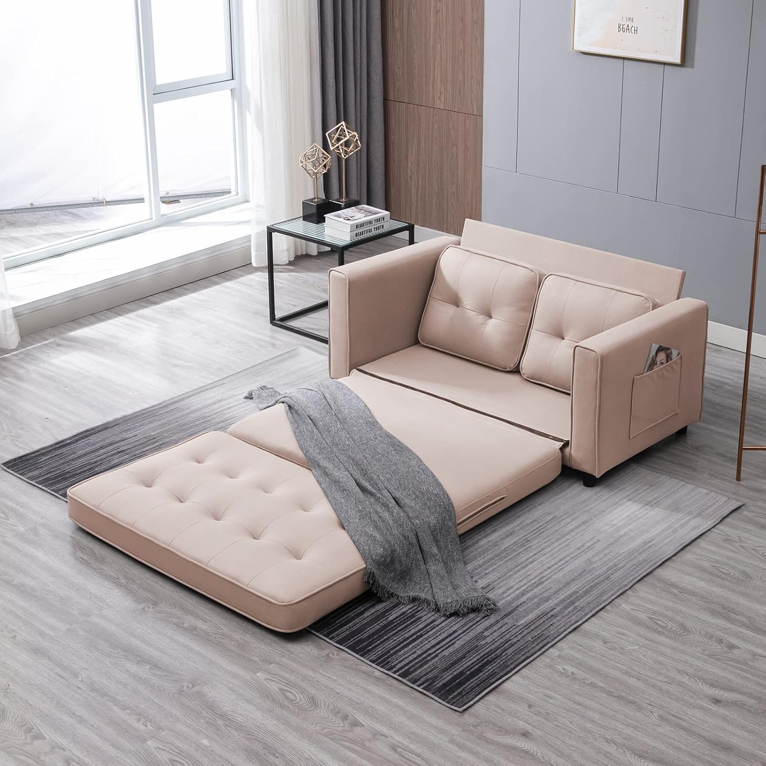 Mjkone 3-in-1 Convertible Pull Out Sofa Bed with Side Pockets, Loveseat Sleeper Sofa Couch for Living Room, Small Apartment (Beige)