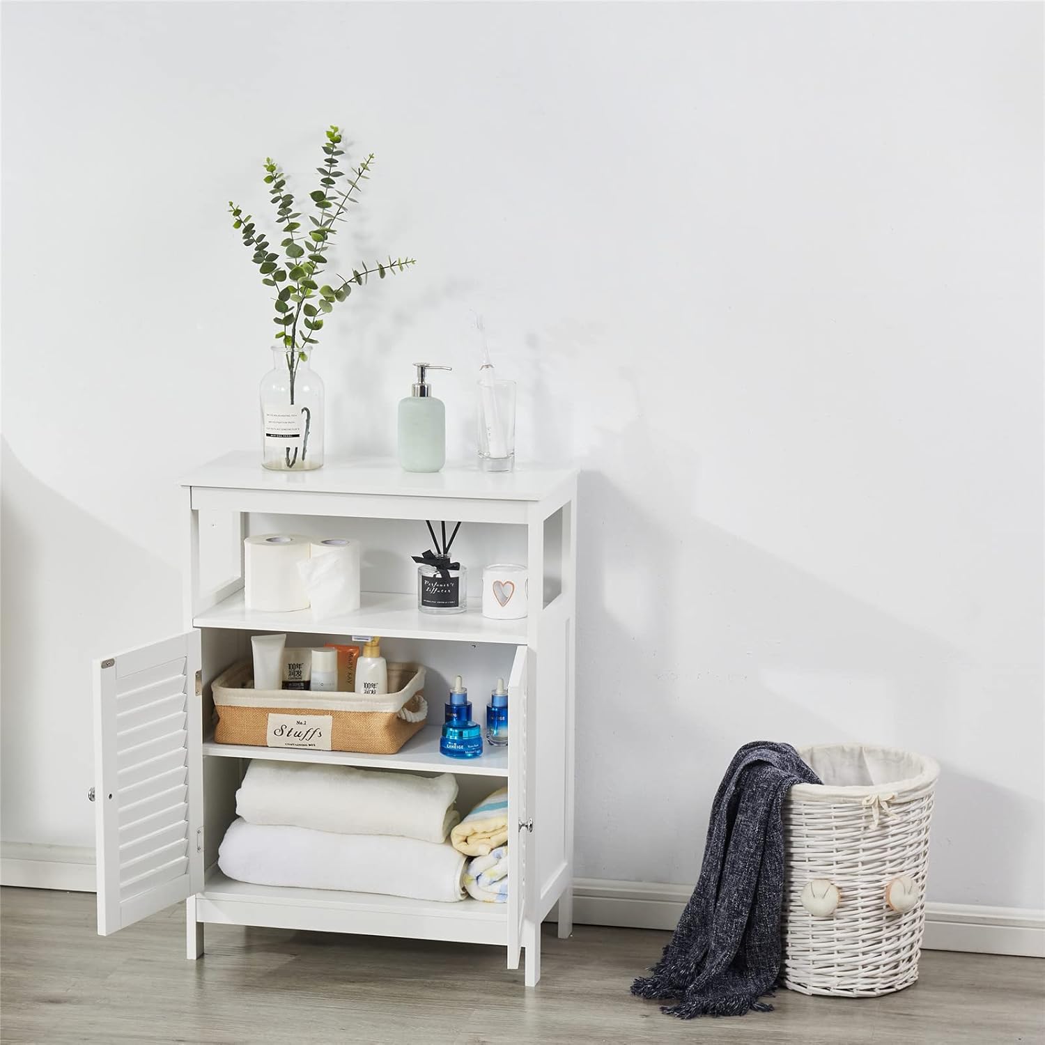 HoorLang Storage for Bathroom, Small Cabinets, Bathroom Table with Storage Cupboard Open Compartments, Easy Assembly White HLBC04W