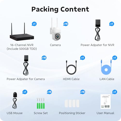 CAMCAMP Wireless Security Camera System, Expandable 16CH 4K NVR, 8PC PTZ WiFi Cameras for Home Security with Auto Human Tracking, 2 Way Audio