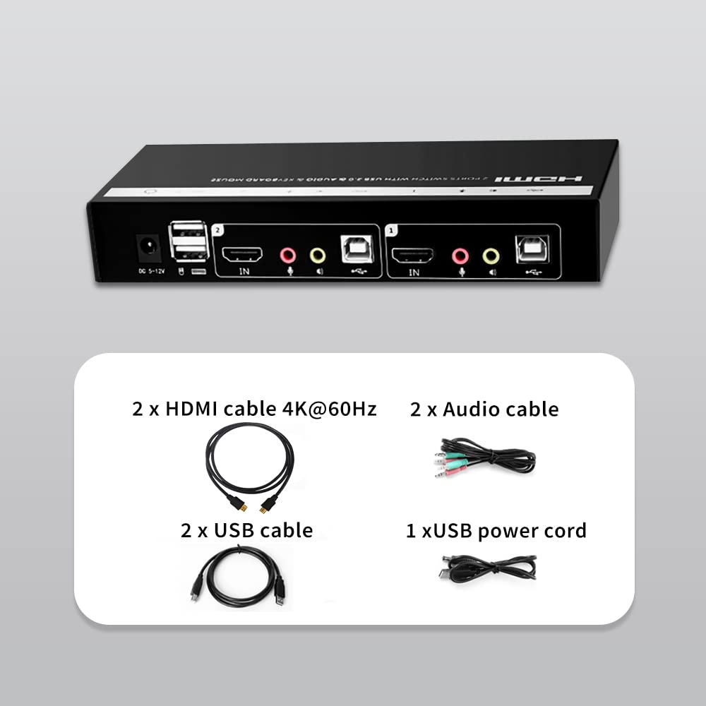 2 Port DVI KVM Switch with Cables,USB2.0 DVI KVM Switches for 2 Computers Share 1 Keyboard,Mouse,Monitor,Printer,USB Powered,1920 x 1200@60Hz