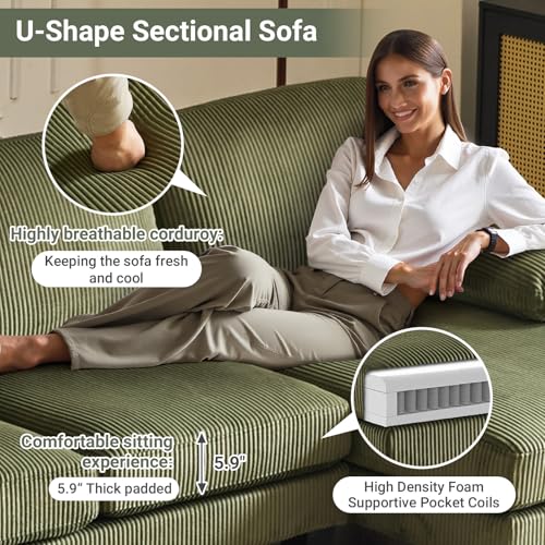 VINGLI 110" Sectional Couches for Living Room,U Shaped Couch with Double Chaise, 4-Seat Sofa Set with Chenille Fabric for Home Furniture,Forest Green