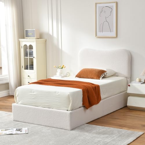 VELOCAVA Queen Size Lift-Up Storage Bed, Upholstered Boucle Bed with Curved Headboard, Rounded Corners, Sturdy Wooden Slat Support