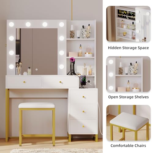 YITAHOME Makeup Vanity Desk with Mirror & Power Outlet, Hollywood Vanity Set with Hidden Jewelry Storage, 5 Drawers and Lots Shelves