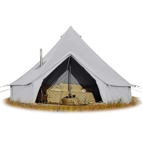Cotton Canvas Bell Tent, Waterproof Large Tents with Sturdy Center & Door Pole and Space for 4/6/8 Person All 4 Season Camping Yurt Tent