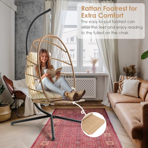 Brafab Hanging Egg Chair with Stand and Footrest, Wicker Egg Swing Chair Indoor Outdoor Aluminum-Steel Frame and UV Resistant Cushion