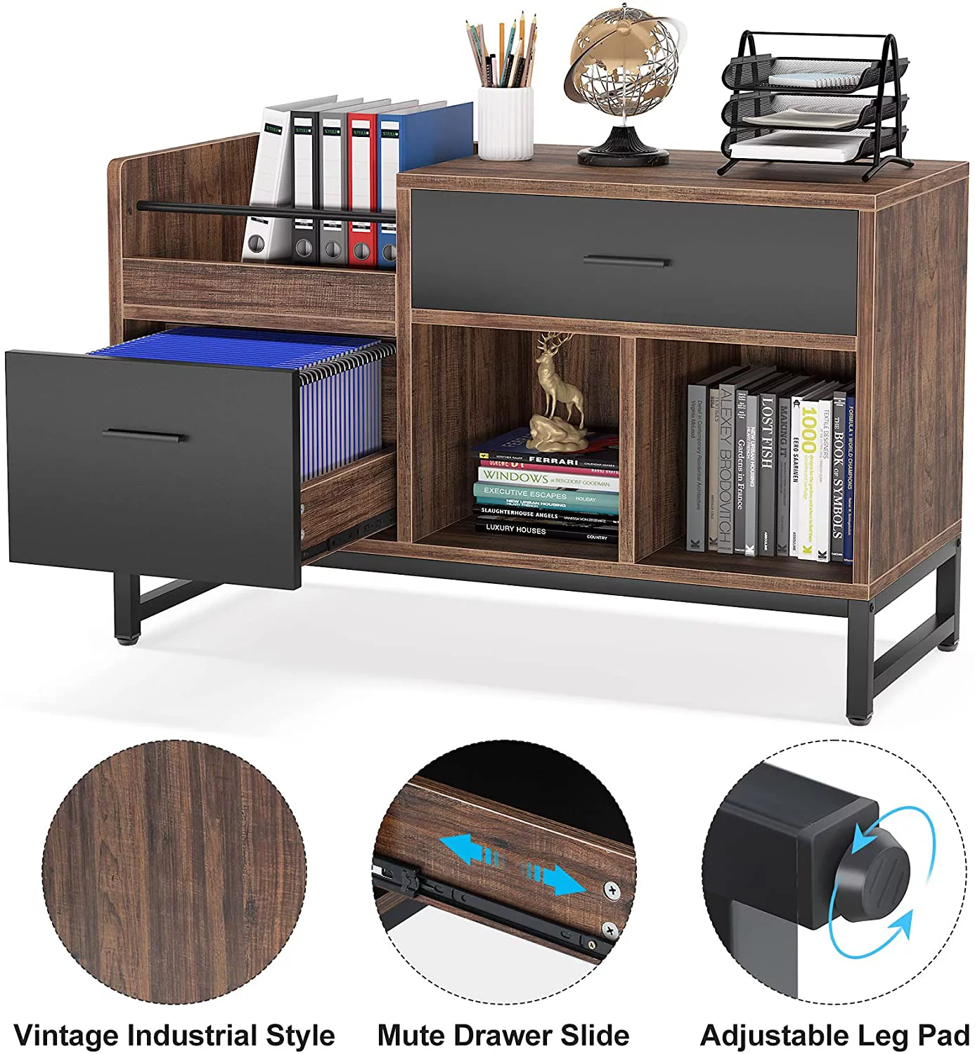 Rustic Lateral Filing Cabinet, 2 Drawers Wood File Cabinet for Home Office