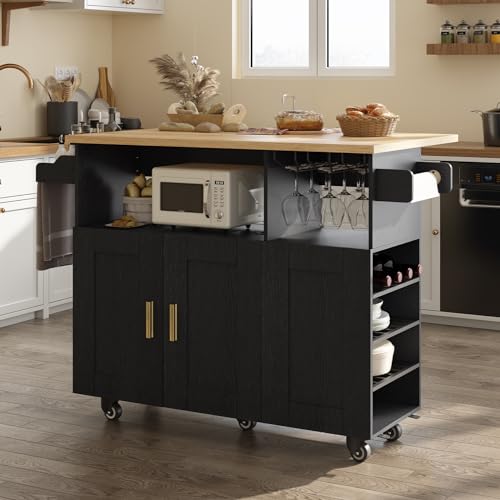 Rolling Mobile Kitchen Island Cart with Desktop Drop Leaf Countertop, Island Table Storage with 5 Wheels