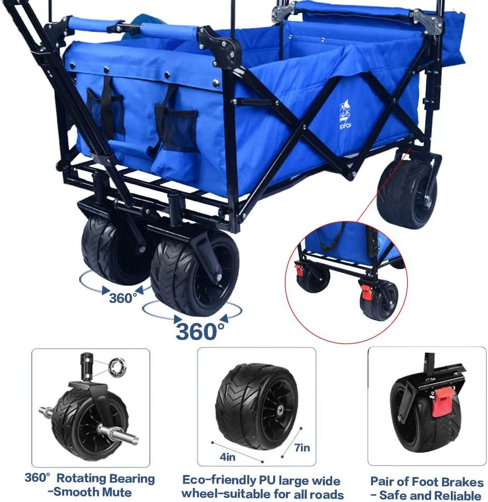 Collapsible Wagon Heavy Duty Folding Wagon Cart with Removable Canopy, 4" Wide Large All Terrain Wheels, Brake, Adjustable Handles