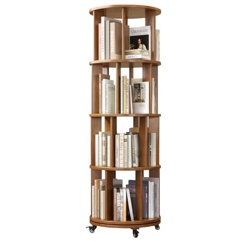6 Tier Rotating Bookshelf Tower Spinning Bookshelf with Swivel Wheels Book Shelf Rotating Storage Tower for Kids Adult Narrow Walnut Solid Wood