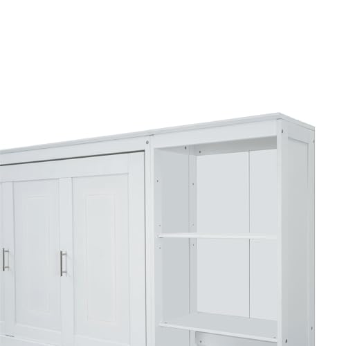 White Murphy Wall Bed Queen Size with Desk & Bookcase,Space-Saving Design,No Box Spring Needed
