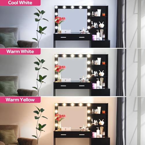 Vanity Desk with Mirror and LED Light Strip,Dressing Table with Large Drawer, 3 Level Storage Dresser & 3 Lighting Modes Adjustable Brightness