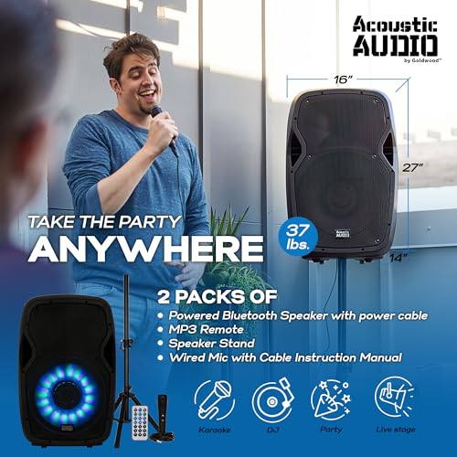 Acoustic Audio by Goldwood 1000W Bluetooth Speaker Set w/ 15" Woofer - Portable PA Sound System w/ Microphone, Adjustable Stand & Remote for Karaoke