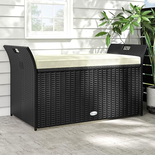 YITAHOME 90 Gallon Outdoor Wicker Storage Bench w/Cushion, Large PE Rattan Deck Storage Box w/Handles & Hydraulics for Patio Furniture, Cushions