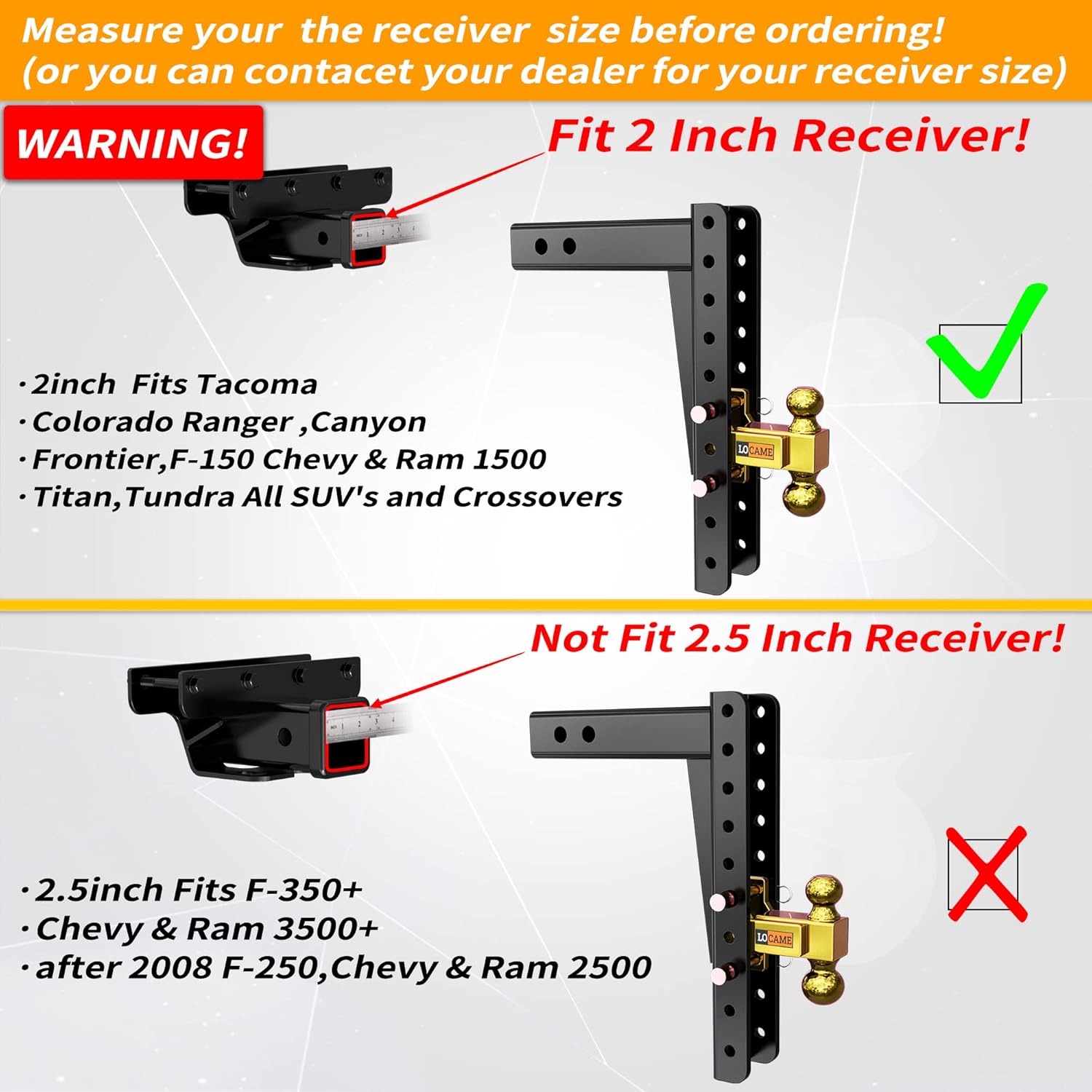 LOCAME Adjustable Trailer Hitch, Fits 2-Inch Receiver, 15-Inch Drop/Rise Drop Hitch ,21,000 LBS GTW--Tow Hitch for Heavy Duty Truck with Double Pins