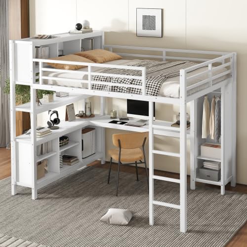 Metal Loft Bed with Wardrobe and L-Shaped Desk, Full Size Loft Bed with Storage Cubes and Shelves, Heavy Duty Loft Bed for Kids Teens, White