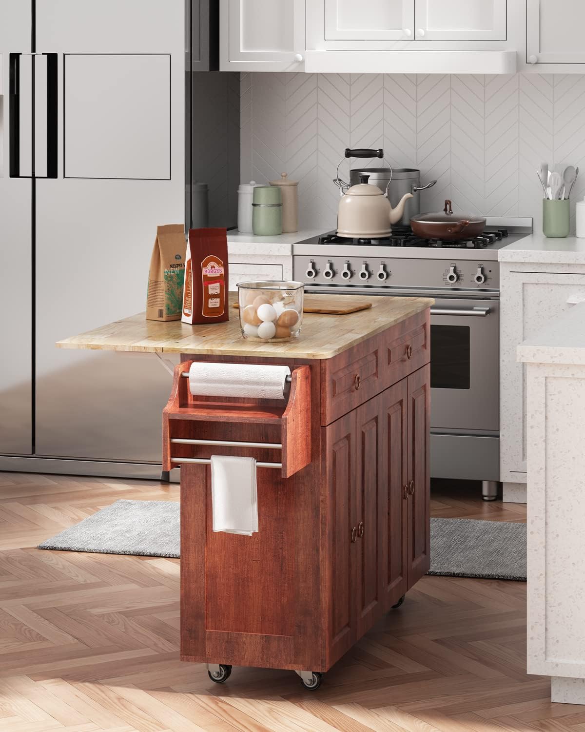Qsun Kitchen Island with Drop Leaf Countertop