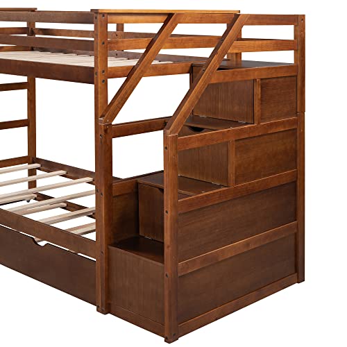 Harper & Bright Designs Twin Over Twin Bunk Bed with Trundle, Wood Bunk Bed with Storage Stairs for Kids Teens Adults (Walnut)