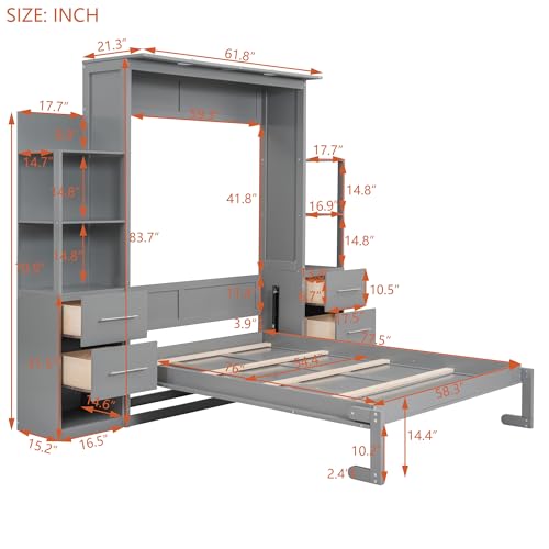 Harper & Bright Designs Full Size Murphy Bed Wall Bed with Storage Shelves, Drawers and LED Lights