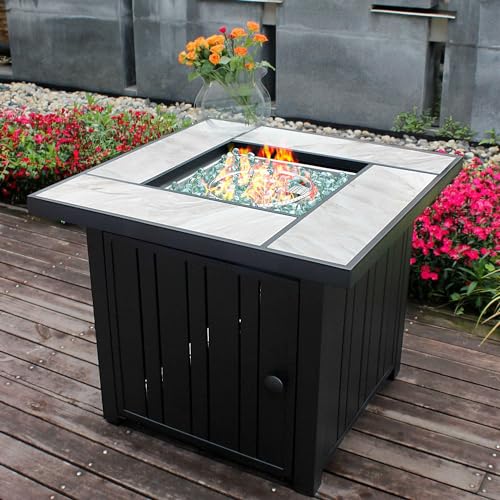 30" Propane Fire Pit with Real Ceramic Tabletop, 50000 BTU Gas Firepit Table with Lid & Glass Rock, Outdoor Fire Pit for Dining or Party