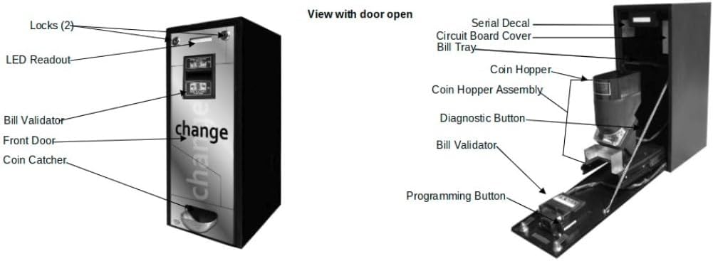 CM1250 Dollar Bill Change Machine, Large Coin Hopper 1000 Count Coin Capacity (Quarters), Capable of Dispensing Tokens 0.984 to 0.955 Inches