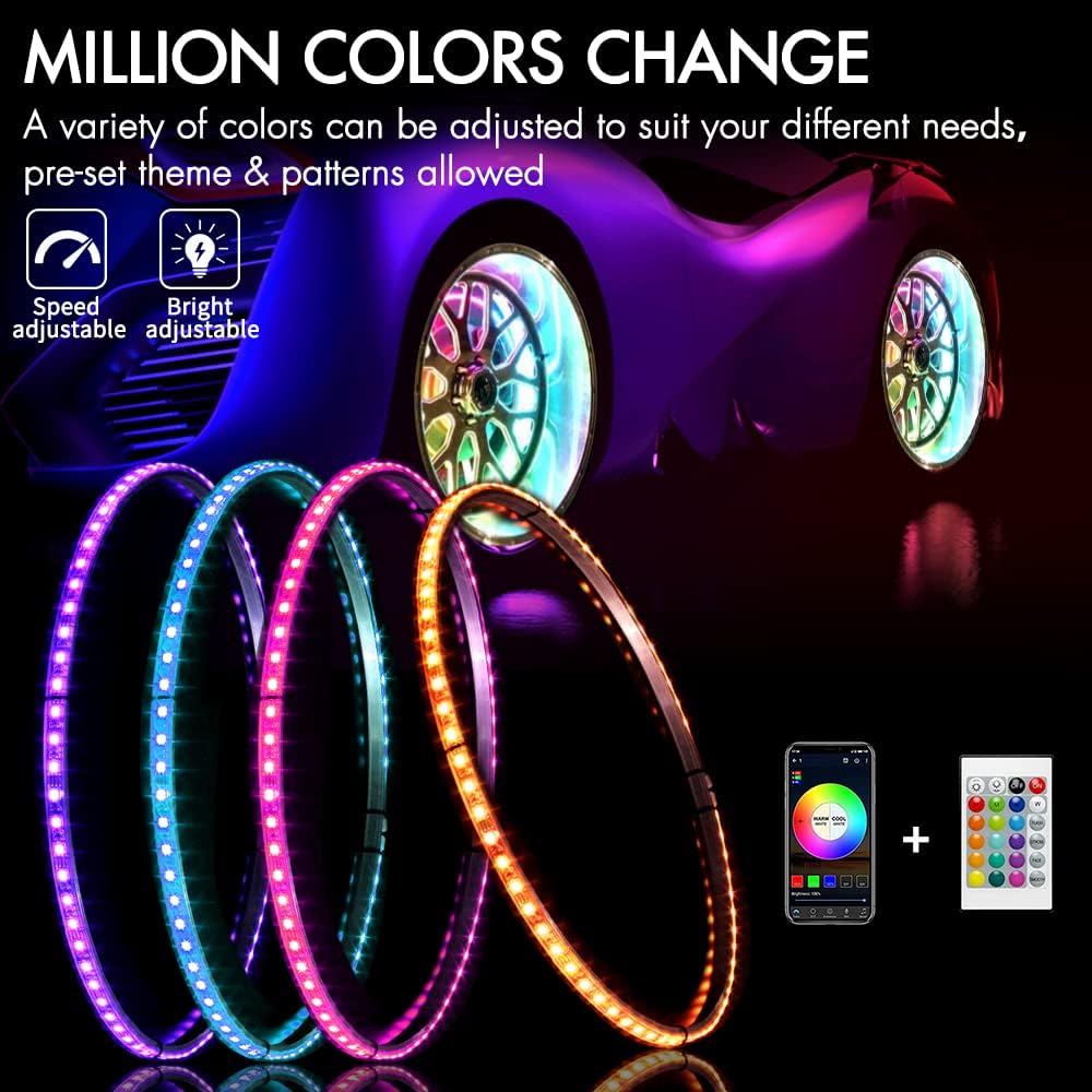 4Pcs 15.5inch LED Wheel Light RGB Chase Rim Lights w/Turn Signal and Braking Function Controlled by Remote and APP, IP 67 Waterproof