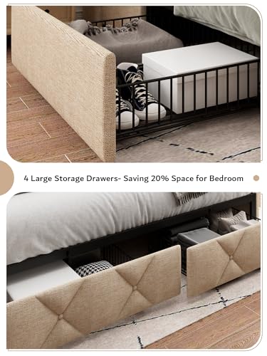 iPormis Queen Bed Frame with 4 Storage Drawers, Upholstered Platform Bed Frame with Charging Station, Modern Wingback Storage Headboard