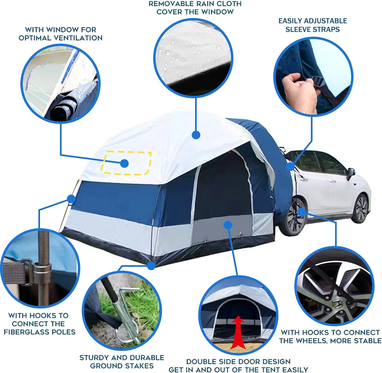 SUV Tent Attachment for Camping Up to 6-8 Person Sleeping Capacity Car Tent Includes Rainfly and Storage Bag,Universal Fit, 8' W x 8'