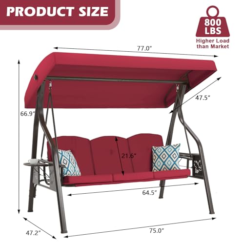 3-Seat Outdoor Porch Swing with Stand, Patio Swing with Canopy