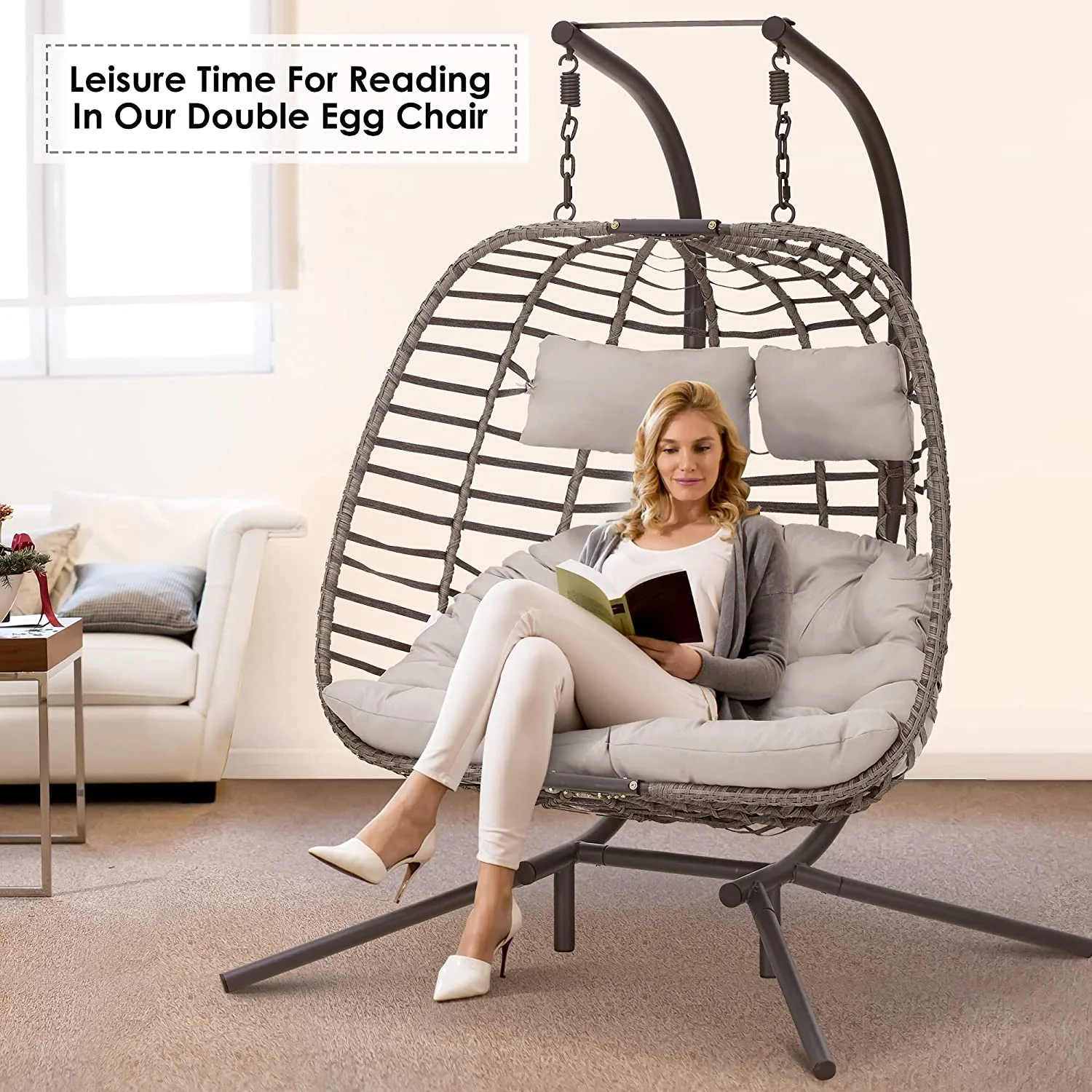 Brafab 2 Person Swing Egg Chair with Sturdy Stand and Fluffy Cushion, Large Double Hand-Woven Wicker Rattan Hanging Egg Chairs