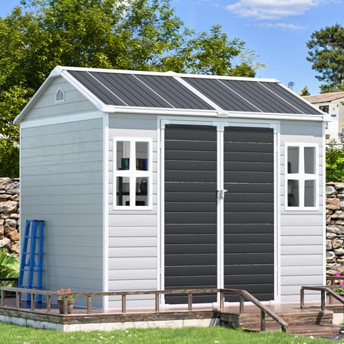 CDCASA 8x6 FT Resin Storage Shed, Waterproof Large Outdoor Sheds with Floor & Lockable Door & 2 Windows, Plastic Tool Shed for Outside, Backyard