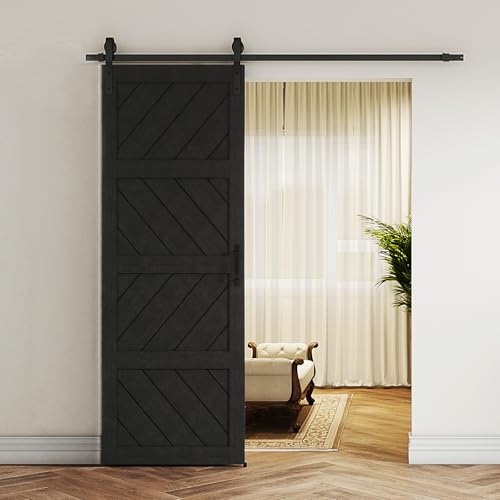 Sliding Barn Door 30”x84”, Black Barn Doors with Modern Paneled Wave Design, Complete Barn Door Set, Waterproof PVC Surface