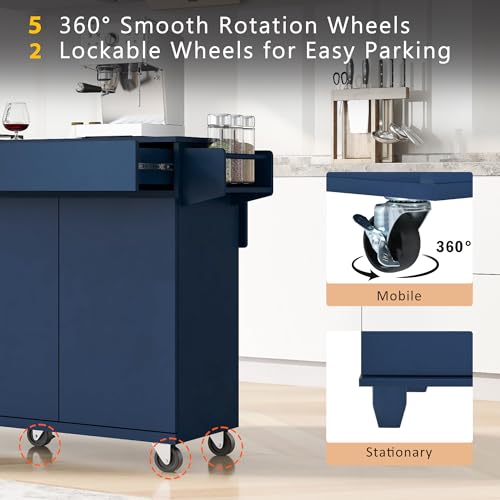 55.7'' Large Kitchen Island with 2 Drop Leaf, Rolling Kitchen Cart on 5 Wheels with Power Outlet