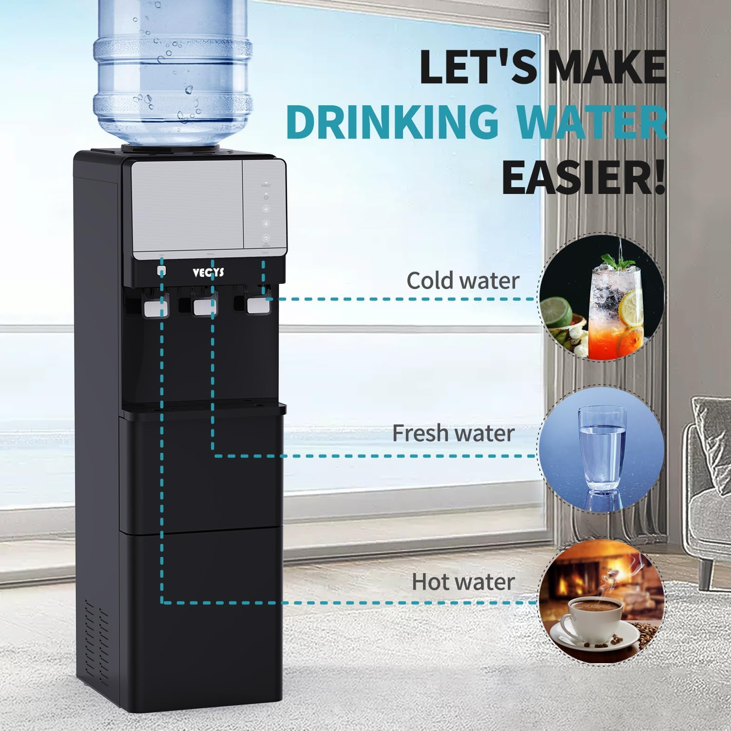 3 in 1 Water Dispenser with Ice Maker, 27LBS Daily Ice Making and Hot Cold Water Supply, Child Safety Lock and Compatible with 3 or 5 Gallon Bottles