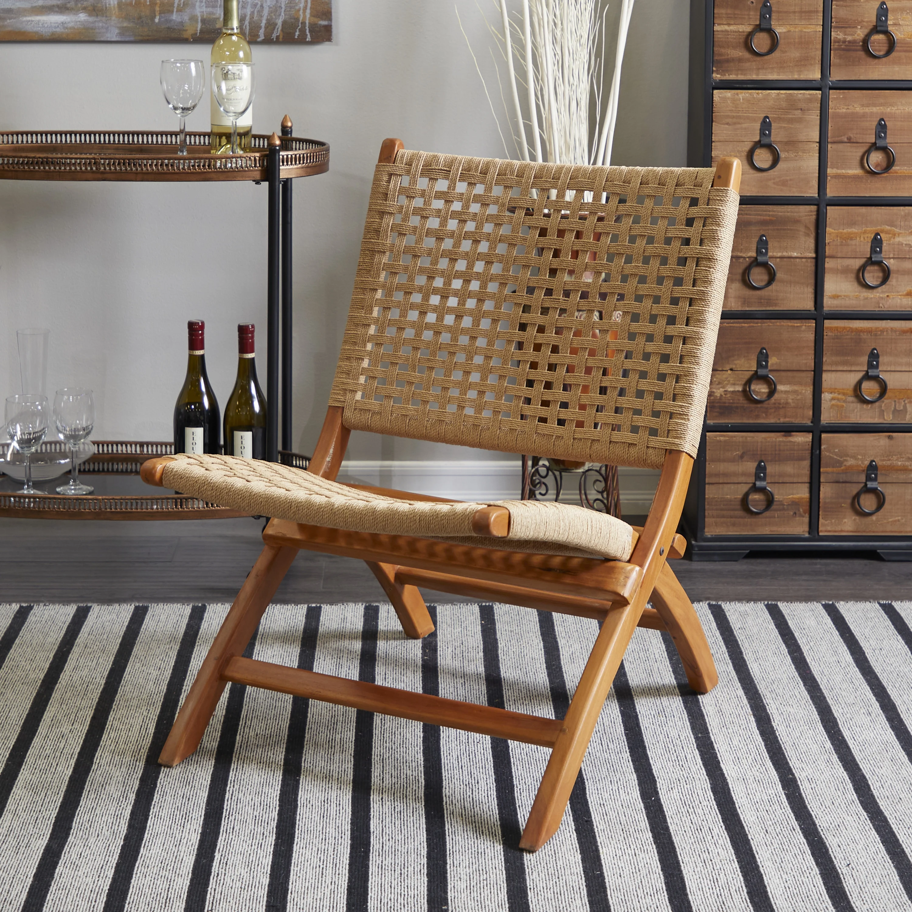 DecMode Wood Handmade Woven Lounge Chair, Brown