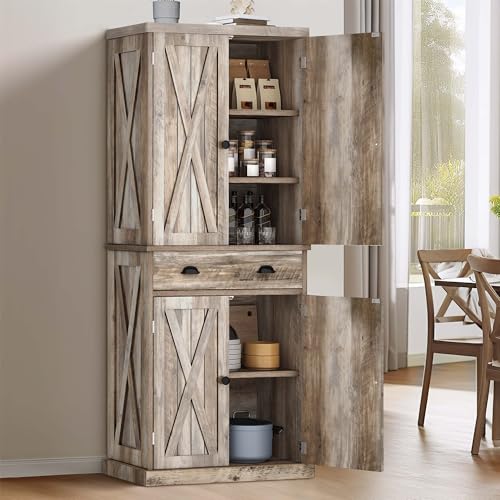 YITAHOME 72'' Tall Kitchen Pantry Cabinets, Farmhouse Storage Cabinets with Barn Doors, Drawer ＆ Adjustable Shelves