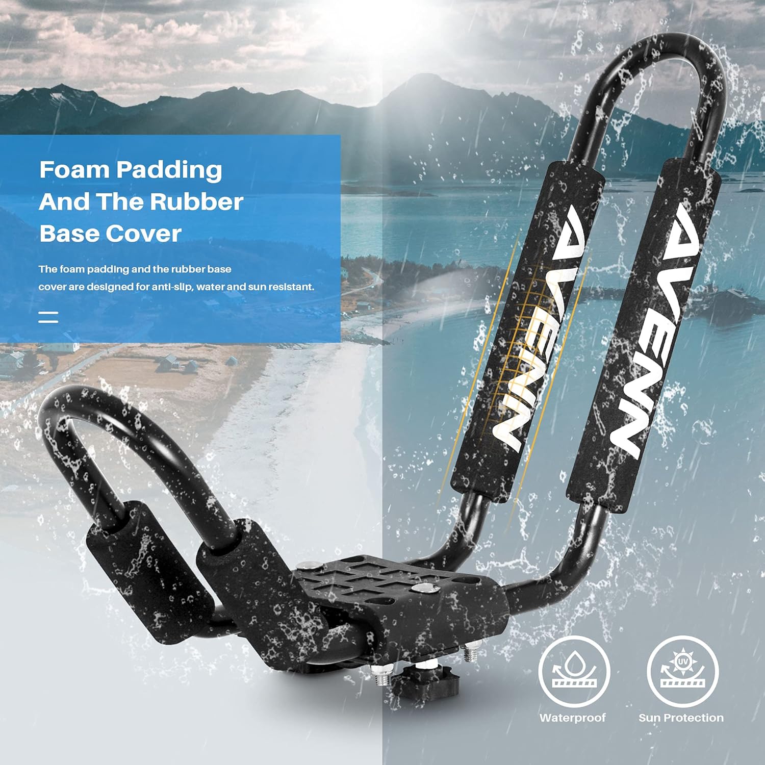 AVENN Rooftop J-Bar Kayak Rack for Canoe, Skis, Paddleboard or Surfboard, Heavy Duty Boat Carrier, Camping Storage Roof Mount for Car