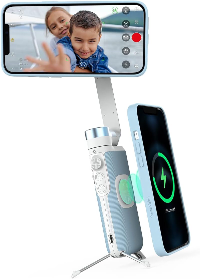 PowerVision S1, The Smallest Smartphone Gimbal, 3-Axis Phone Stabilizer with Built-in Tripod, and AI Tracking of Motion and Faces