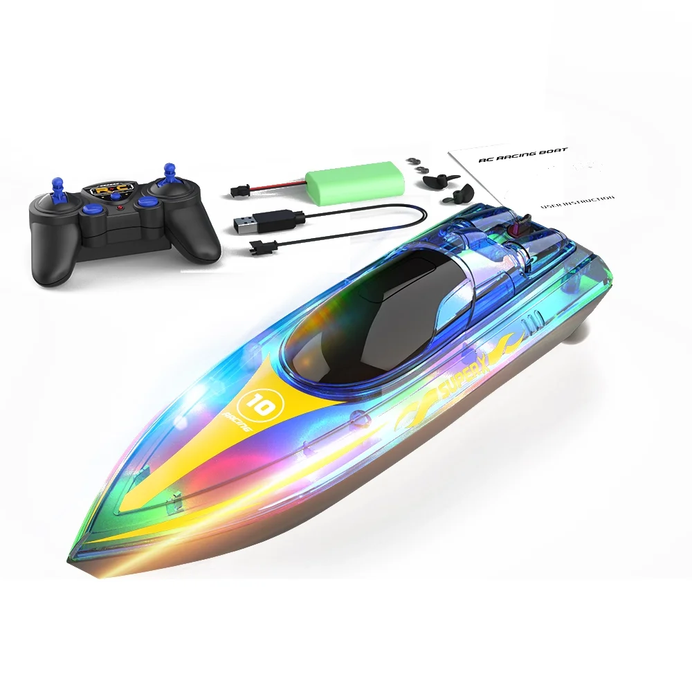 OWSOO 2.4GHz Remote Control Boat with Lights Electric Racing Boat Outdoor Pools Lakes Boat with Night Water Sensor Switch Low-Battery Reminder for