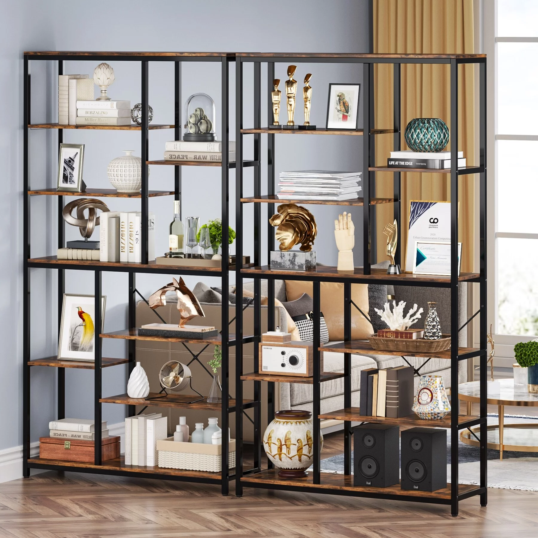 Industrial 8-Tier Large Bookshelf, Wood Etagere Bookcase, Book Shelving Units Storage Shelf, 79 Inches