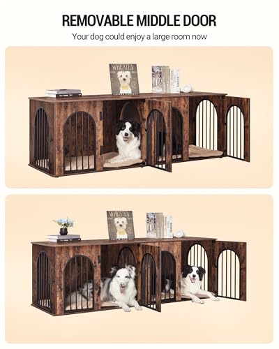 71" Dog Crate Furniture for 2 Dogs, Heavy Duty Indoor Dog Kennel TV Stand, XXL Wooden Dog Cage with Divider for Medium Large Dogs