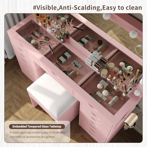 Vanity Desk with Mirror and Lights, Makeup Table with Charging Station, 3 Color Lighting Modes, 15 Drawers Dressing Table